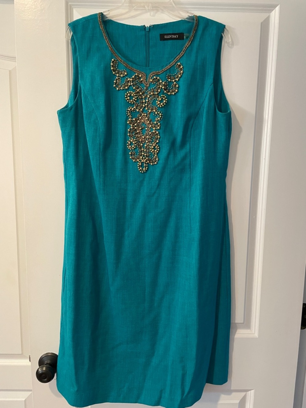 Ellen Tracy Teal Embellished Neckline Shift Dress